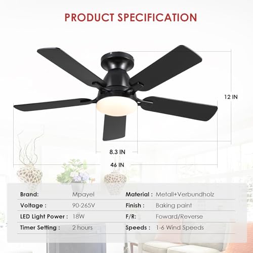 Ceiling Fans with Lights- 46" Low Profile Indoor Ceiling Fan with Light and Remote/APP Control, Flush Mount, LED Dimmable DC Reversible Modern Ceiling Fan for Bedroom(Black)