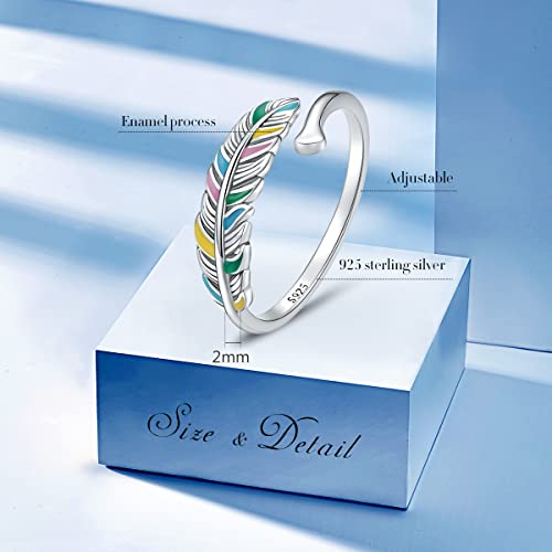 Feather Ring 925 Sterling Silver Adjustable Coloful Plumage Wing Ring for Wife Girlfriend Daughter Mother Sister for Birthday Wedding Anniversary Engagement Feather Angel Wings Open Ring