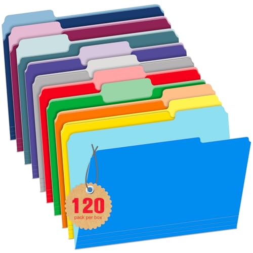 WEMEMORN 120 Pack Two Tone Color File Folders 8.5 x 11 Inch, 1/3 Cut Tab File Folders Letter Size, Assorted Colors, 10 Color File Folder, School Business Office Home Folders for Document Organization