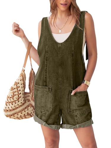 Glamaker Womens Casual Sleeveless V Neck Denim Romper Overall Shorts Summer Jean Romper Denim Outfit With Pocket(Black S)