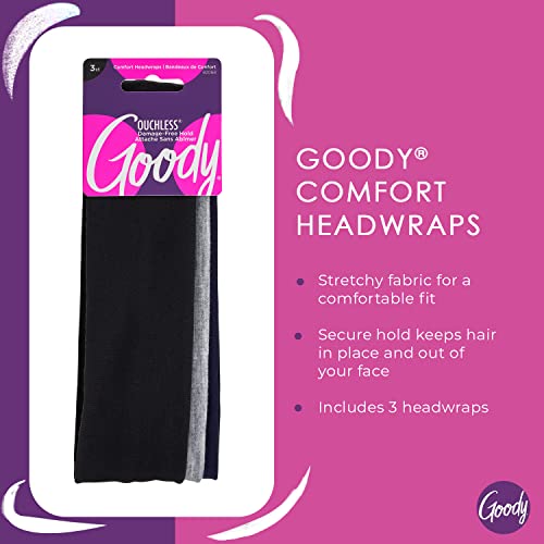 Goody Ouchless Comfort Head Wraps - 3 Ct, Black/Grey/Navy Blue, Soft & Stretchy Fabric Headbands for Women & Men, Secure Hold Yoga, Workout Headband, Versatile Hair Accessories for All-Day Wear