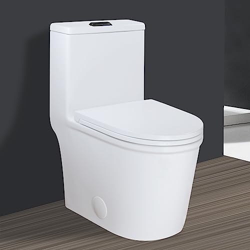 WinZo Small One Piece Toilet 23" Depth Modern Compact Short Design with Matte Black Button for Small Tiny Mini Bathroom 12" Rough-in,White (WZ5079WB)