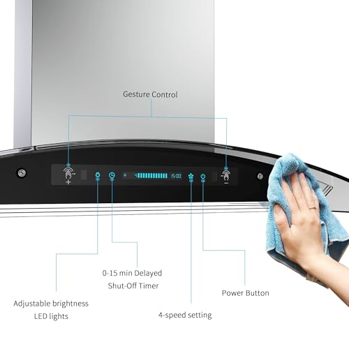IKTCH Upgrated 30"Island Mount Range Hood,900 CFM Ducted Range Hood with 4 Speed Fan,Stainless Steel& Tempered Glass Range Hood 30 inch with Gesture Sensing&Touch Control Making life Smarter IKIS01-30