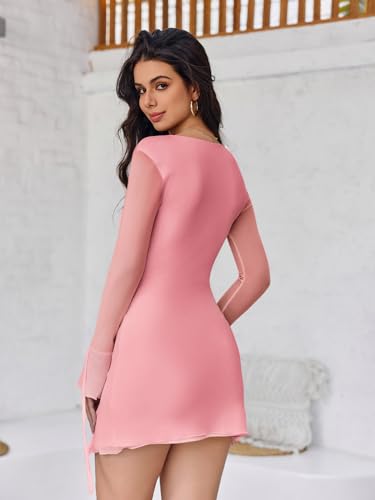 Wenrine Womens Bodycon Sheer Dress Sexy Mesh Sleeve Side Slit Square Neck Fitted Nightout Mini Club Dress Pink