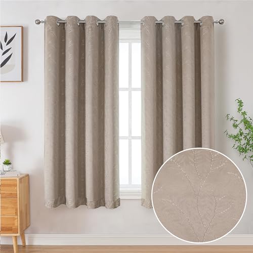 Chyhomenyc Debby Camel Blackout Curtains 63 Inches Long 2 Panels for Living Room, Thermal Insulated Energy Saving Noise Reducing Branch Jacquard Textured Heavy Grommet Window Drapes, Each 52x63 inch