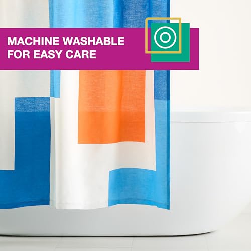 TOWN & COUNTRY PLAY Lucy Mid Century Squares Cotton-Rich Breathable Fabric Shower Curtain with Anti-Rust Grommets, White/Orange/Blue, 70"x72"