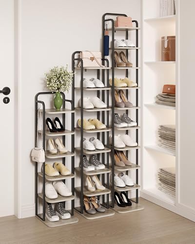 Hzuaneri Vertical Shoe Rack, Shoe Shelves, Wood Shoe Organizer for Closet, Entryway, Shoe Tower for Small Spaces, Free Standing, Adjustable, with 2 Hooks, 6 Tier Black SR04204B