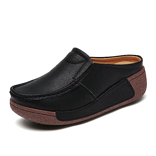YING LAN Women Slip On Loafers Comfort Leather Wide Low Top Casual Platform Shoes B-White
