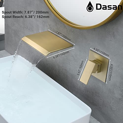 DASAN Wall Mount Waterfall Bathroom Faucet Brushed Gold in Wall Sink Faucet, Single Handle Wall Mounted Modern Faucet for Bathroom with Upgraded Rough in Valve, DA-TFD3BG-NH