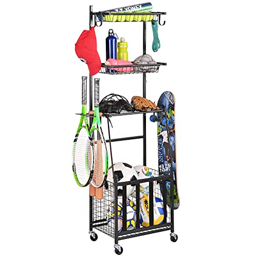 PLKOW Sports Equipment Storage for Garage, Indoor Outdoor Sports Rack for Garage, Ball Storage Garage Organizer with Basket and Hooks,Toy Sports Gear Storage
