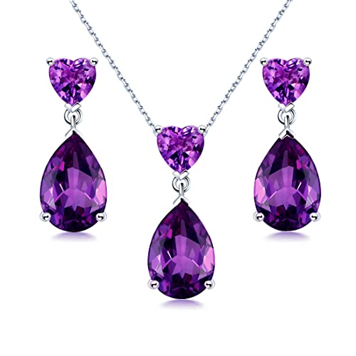 JIANGXIN 18"~20" Pear cut Amethyst 925 Sterling Silver Pendant Necklace Drop Earrings Jewelry Set for Women Heart cz Decorated