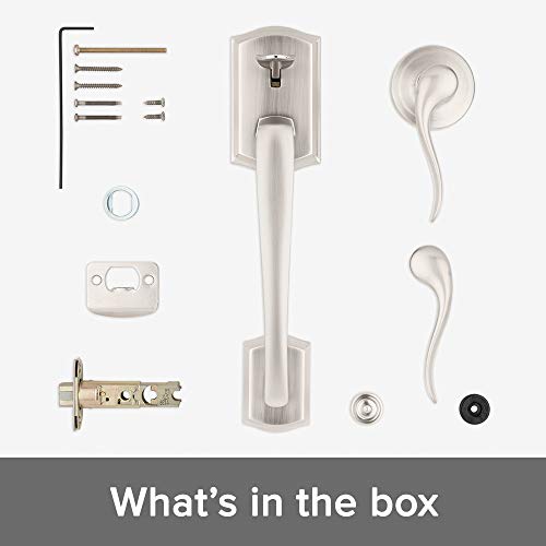 Kwikset Prescott Front Door Handle No Lock, Entry Handleset Exterior with Interior Reversible Handed Lever, Non-Locking, Satin Nickel, Deadbolt Not Included, with Microban Protection