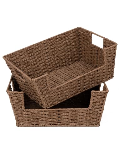 StorageWorks Round Paper Rope Woven Basket for Pantry Organizers and Storage, Stackable Pantry Storage Baskets for Shelves, Brown, 2-Pack