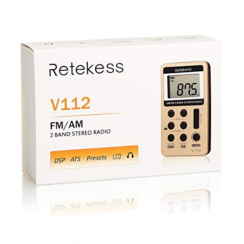 Retekess V112 AM FM Radio Portable, Mini Radio with Earphone Pocket, Digital Tuning Rechargeable Battery LCD Display for Walking Jogging(Gold)