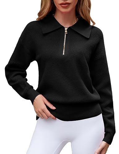 Micoson Apricot Sweaters for Women Fashion Long Sleeve Quarter Zip Pullover Waffle Knit Shirt Soft V Neck Knit Tops for Teen Girls Winter Clothing S