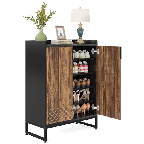 Tribesigns Shoe Cabinet with Doors, 5 Tiers Shoe Storage Cabinet for Entryway, 25 Pairs Wooden Shoe Cabinets, Modern Shoe Organizer Storage for Living Room, Bedroom, Hallway, Closet, Black and Brown