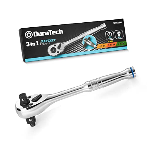 DURATECH 3-IN-1 Ratchet Handle, 1/4 ", 3/8 ", 1/2" Drive Ratchet Wrench, 72-Tooth, Reversible Switch, Full-Polished Chrome Plating, Alloy Steel