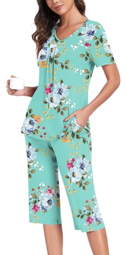 Anyally Women's Summer Pajama Set Plus Size Short Sleeve Shirt and Capri Pants 2 Piece Sleepwear Pleated Ladies Pjs Sets with Pockets, XL Star Blue