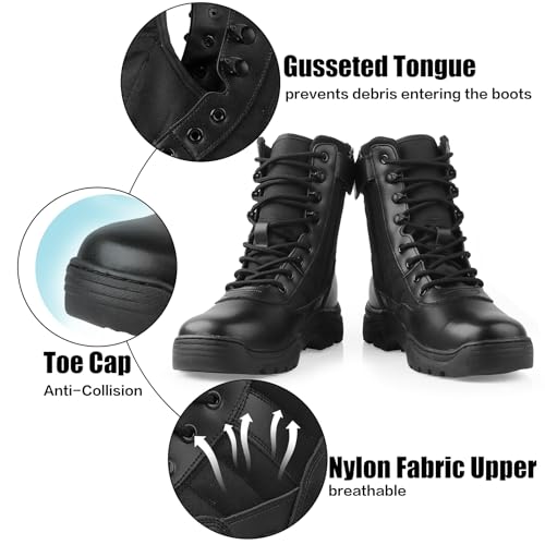 QUNLON Men's Tactical Boots Military Boots for Men Side Zipper Combat Motorcycle Boots Lightweight Army Work Boots 8'' Duty Boots Black Leather Police Boots-6.5US
