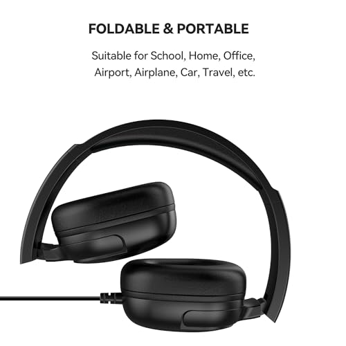 Jimonyer Kids Headphones for School, 3.5mm Jack Wired Headphones for Kids with Safe Volume Limiter, HD Stereo Sound On-Ear Girls Boys Toddler Headphones for Tablet, iPad, Kindle(Black)