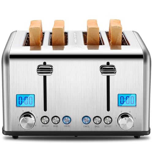 4 Slice Toaster, Roter Mond Countdown Stainless Steel Toaster with Bagel, Defrost, Cancel Function, Dual Toaster Extra Wide Slots, 6 Bread Shade Settings Bread Toaster, Removable Crumb Trays, 1650W