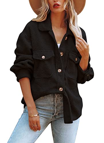Nirovien Womens Oversized Fleece Jakcets Button Down Sherpa Shacket Fuzzy Coats Casual Warm Teddy Outwear with Pockets(Black,S)