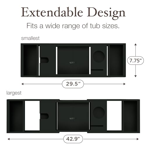 Bambüsi Bathtub Tray Table - Collapsible & Adjustable Bathtub Caddy - Space-Saving Folding Bath Tub Tray - Wood Bathtub Accessories - Unique Valentines Day Gifts for Women or Men (Black Bamboo)