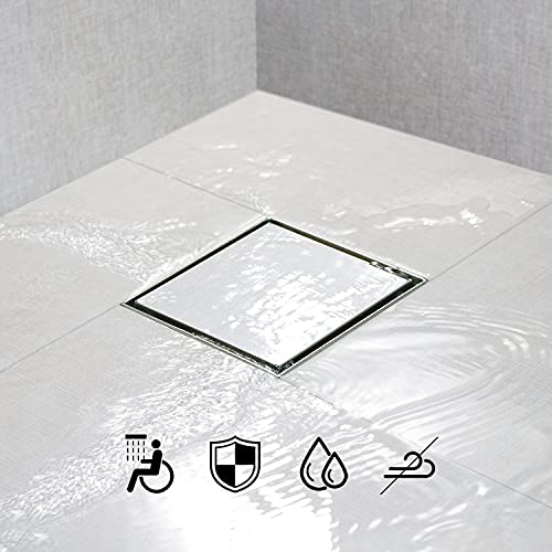 SaniteModar Shower Drain 4 inch with Shower Drain Base,Shower Drain with Tiled Stealth and 304 Stainless Steel Brushed Chrome 2 in 1 Panels,Includes Hair Strainer and Threaded Adapter…