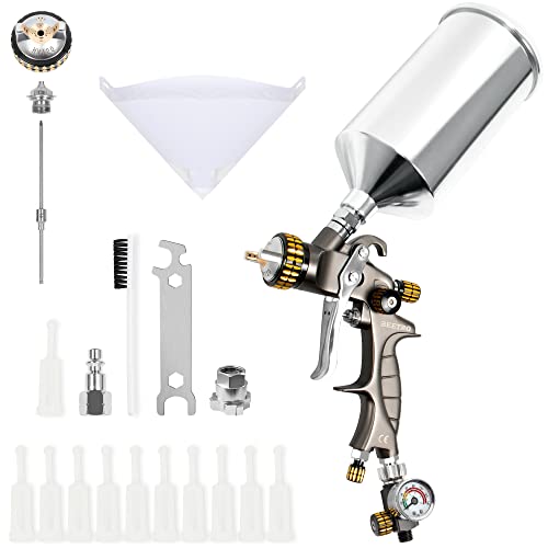 BEETRO HVLP Air Spray Gun 1.3mm Nozzle 1000ml Capacity 14.5CFM 30-43psi with 11 Filters 10pcs 190M Paint Strainers Air Control Valve 1/4" Connector and Type 2 Adapter