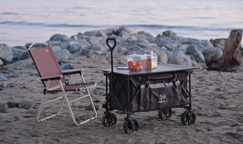Whitsunday Folding Collapsible Wagon,Camping Large Capacity Heavy Duty Wagon Outdoor Park Beach Wagon Cart with Table Top,Utility Grocery Wagon for Camping Sports Outdoor Shopping Brown