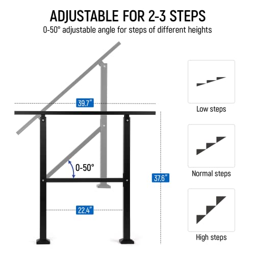 Handrails for Outdoor Steps Fits 1 to 3 Steps Stair Railing for Outdoor, Wrought Iron Handrail with Installation Kit for Concrete Steps, Porch Steps (3 Steps), Matte Black