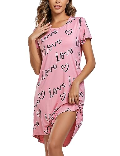 EISHOPEER Night Shirts for Women Short Sleeve Sleep Shirt Cute Print Sleepwear Soft Nightgown with Pockets Pink S