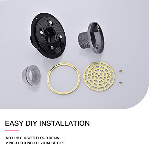 4 1/4 Inch Round Shower Floor Drain Grate with 2 Inch Threaded Adaptor and Drain Base Flange, Brushed Gold