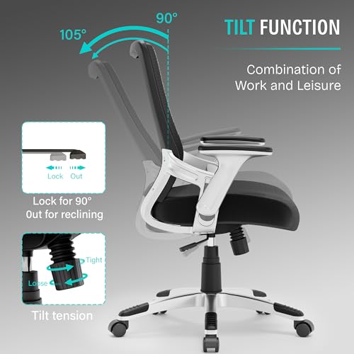 Ergonomic Office Desk Chair, Mesh Computer Gaming Chair with Adjustable Flip-Up Arms, Lumbar Support, Tilt Function, Comfy Wide Seat, Swivel Wheel, Sturdy Big and Tall Task Chairs for Adults Students