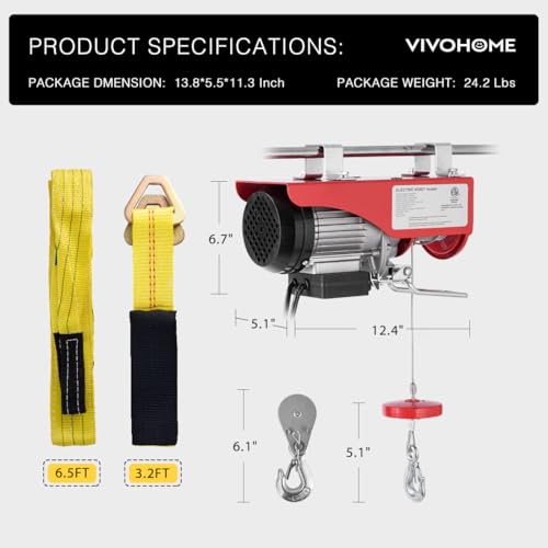 VIVOHOME Electric Hoist, 110V 440 Lbs Winch with Remote Control, Zinc-Plated Steel Wire Hoist for Garage, Warehouses, Factories 38ft Lifting Height with Emergency Stop Switch ETL Listed