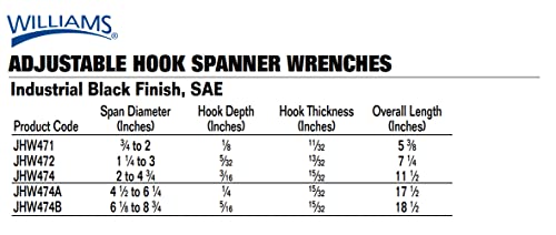 Williams JHW474B Adjustable Hook Spanner Wrench with Span Diameter of 6-1/8 to 8-3/4-Inch, Ideal for Adjusting Collars, Lock Nut Rings, and Bearings