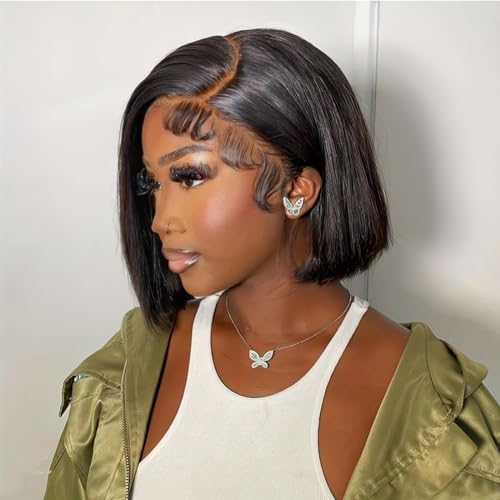 SQPLXK Light Brown Bob Wig Human Hair 200 Density HD Transparent 13X4 Straight Lace Front wigs Human Hair Pre Plucked Glueless Lace Frontal Wigs Human Hair 10 Inch