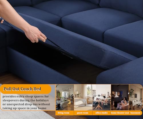 asunflower Sleeper Sectionals with Storage U Shaped Sectional Couches for Living Room Apartment, 4 Seat Pull-Out Sleeper with Dual Storage Chaise,Navy Blue Sofa Bed Couch
