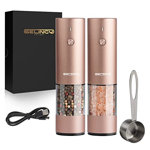 Rechargeable Electric Salt and Pepper Grinder Set - Stainless Steel, with USB Type-C Cable, LED Lights, Automatic Modern Electric Pepper Mill, 2 Adjustable Coarseness Mills, One Hand Operation
