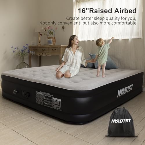 Nyabtst Air Mattress Queen with Built in Pump 16" Twin air Mattress, Soft Flocked Air Mattress with Automatic Inflation and deflation Function Very Suitable Guests Overnight,Camping and Family Game