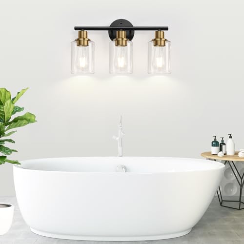 3-Light Bathroom Light Fixtures, Black and Gold Bathroom Wall Lights, Modern Bathroom Vanity Light with Clear Glass Shade, Bathroom Wall Lamp for Mirror Kitchen Bedroom Hallway Cabinet