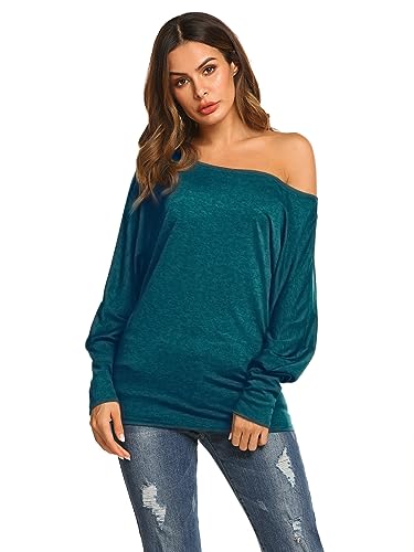 Poetsky Womens Casual Long Sleeve Boat Neck T Shirts Blouses Loose Solid Color Tunic Tops Dark Blue M