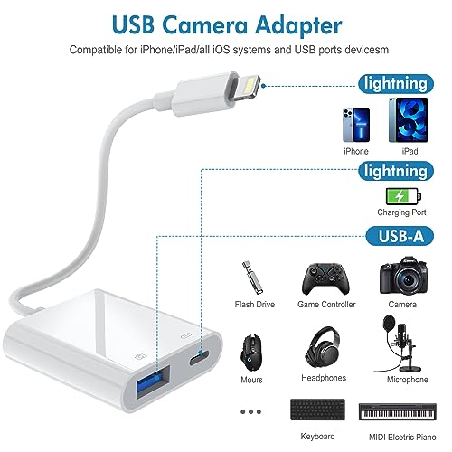 Lightning to USB Camera Adapter with Charging Port, USB Female OTG Adapter for iPhone iPad Models Support Connect Camera, Card Reader, USB Flash Drive, MIDI Keyboard Plug and Play