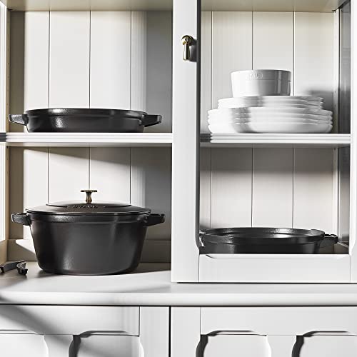 STAUB Cast Iron Set 4-pc, Stackable Space-Saving Cookware Set, Dutch Oven, Skillet, Grill Pan & Ceramic Baking Dish Set, 3pc, Cherry