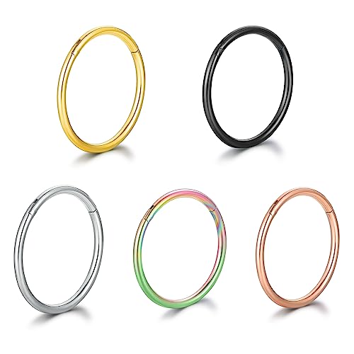 GW 5 Pcs Hoop Nose Rings Hoop Set 316L Surgical Steel, Septum Clicker Nose Hoop Rings, Cartilage Hoop Earrings, Lip Rings, Body Piercing Jewelry (20g 6mm)