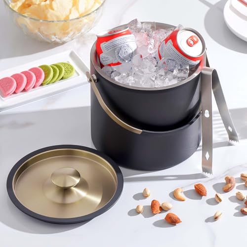 3.2L Ice Bucket with Silicone Lid, Tongs & Strainer, Double Wall Stainless Steel Insulated Black Ice Bucket for Parties & Cocktail Bar, Keep Ice Frozen Longer