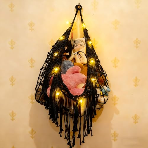 Stuffed Animal Hammock or Net With LED Lights Extra Large Wall Hanging Stuffed Animal Storage Nets for Teddy Bear Handmade Macrame Hanging Toy Net Hammock for Stuffed Animal Storage (Black)