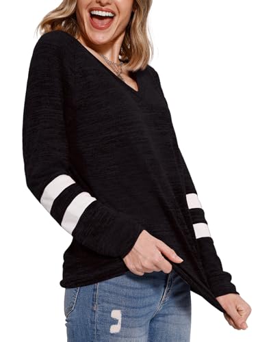 MixShe Womens Tops Fall Fashion 2025 Sweatshirt for Women Sweaters V Neck Long Sleeve Shirts Trendy Clothes Ladeis Blouses Dressy Casual Tunics to Wear with Leggings Black Small