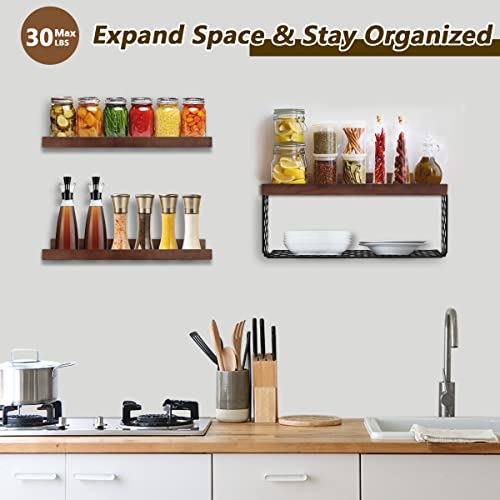 DABIGE Wall Mounted Floating Shelves, 3 Sets Wood Bathroom Shelves with Wire Storage Basket & Hooks, Farmhouse Floating Shelf for Wall Decor, Bedroom, Living Room, Kitchen, Plants, Books – Black