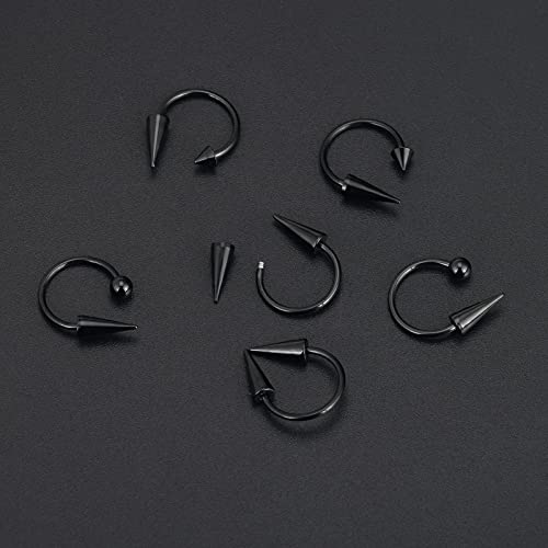 Stuppendux 6pc Black 16G 1.2mm Septum Rings Stainless Steel Cartilage Helix Tragus Earrings Nose Rings Piercing Jewelry Pointed Conical Head Round Ball Head for Women Men diameter 12mm